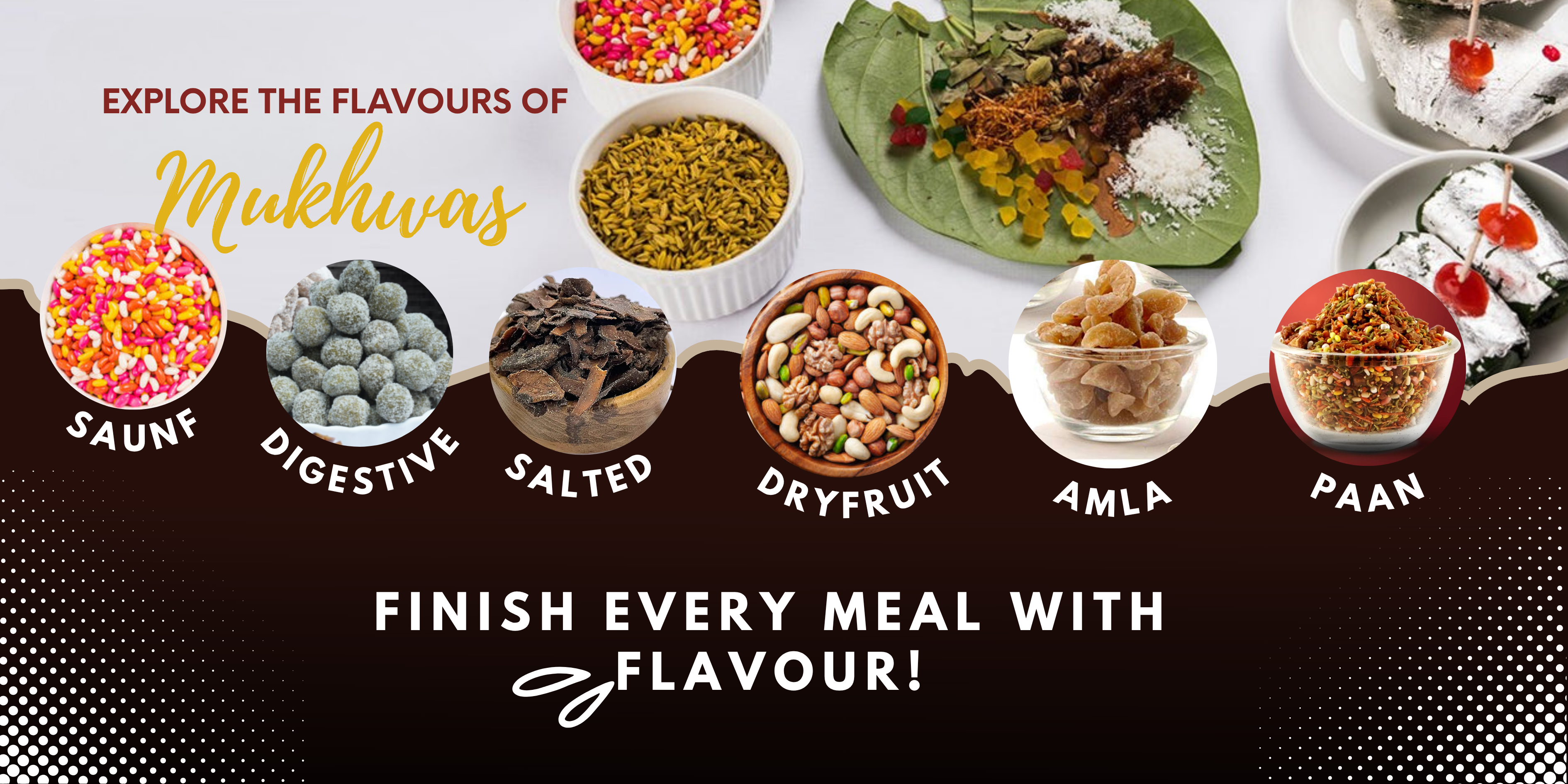 Types of Indian mukhwas by Shivlal Jayram Dhanawala – Saunf, Digestive, Salted, Dry Fruit, Amla, and Paan with heading 'Explore the Flavours of Mukhwas.